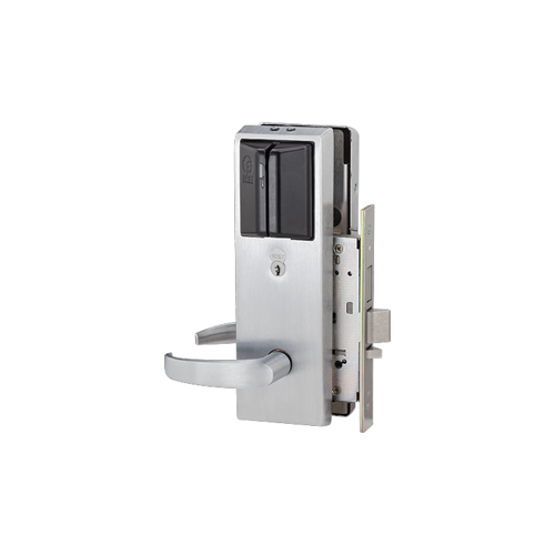 Basis G Magnetic Stripe Mortise Lock, Left Handed, Curved Lever, Key Override Sensor, Extended Life Battery, Track 3, Satin Chrome