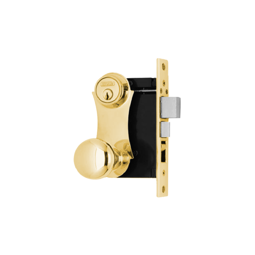 Knob x Plate Trim, Double Cylinder Mortise Lock with Latch and Deadbolt, 2-1/2" Backset, Marks A Keyway, 5 Pin, Right Hand Reverse, Front 1" x 7-1/8", Bright Brass US3/605