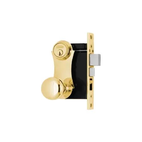 Knob x Plate Trim, Double Cylinder Mortise Lock with Latch and Deadbolt, 2-1/2" Backset, Marks A Keyway, 5 Pin, Left Hand Reverse, Front 1" x 7-1/8", Bright Brass US3/605