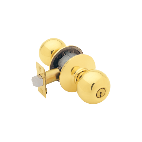 Storeroom Orbit Knob Grade 2, C Keyway, Triple Option Adjustable Backset, Bright Brass 605