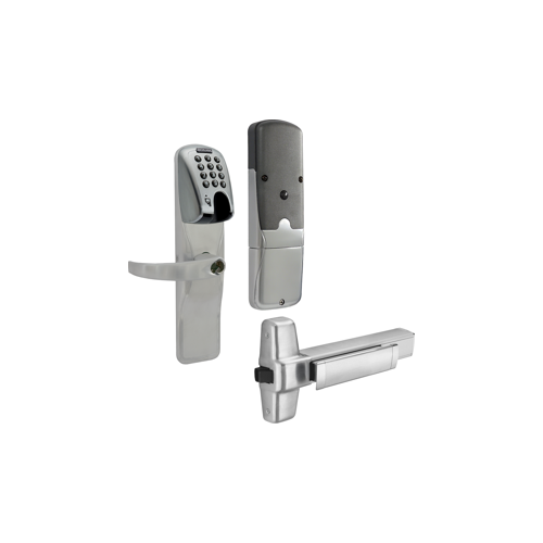 KIT - Mag-Stripe (Insert Card) and Keypad Networked Wireless Exit Trim for Rim Exit Device, Sparta Lever, FSIC Prep, Schlage Large Format IC Core Included, 6-Pin C Keyway (1-Bitted Brushed Chrome Cylinder 626), Satin Chrome 626, US26D