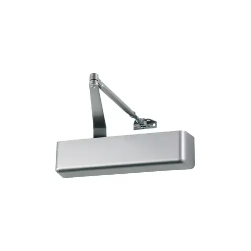 Medium Duty Surface Door Closer, Regular Arm with Parallel Arm Bracket, Full Plastic Cover, Single Piece Cast Aluminum, Adjustable Sizes 1-6, Through Bolt, Wood & Machine Screws, ADA, UL, Grade 1, SP28/689 Painted Aluminum