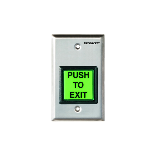 Illuminated Green Push Button - Request to Exit, Single Gang Wall Plate, Stainless Steel, Timer 1-180 Seconds, SPDT, 12-24V AC/DC