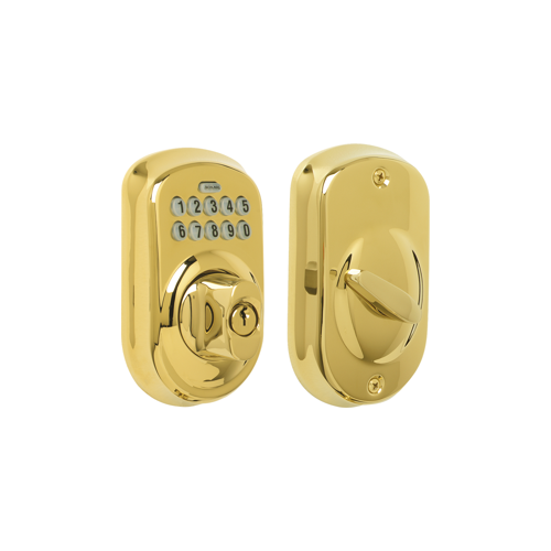 Keypad Deadbolt Plymouth, Key Override, C Keyway, Triple Option Adjustable Backset, Grade 2, Lifetime Bright Brass 505