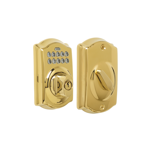 Keypad Deadbolt Camelot, Key Override, C Keyway, Triple Option Adjustable Backset, Grade 2, Lifetime Bright Brass 505