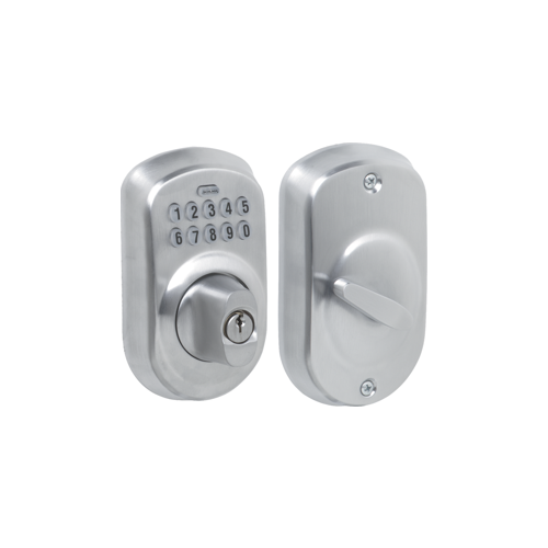 Keypad Deadbolt Plymouth, Key Override, C Keyway, Triple Option Adjustable Backset, Grade 2, Satin Chrome 626, US26D