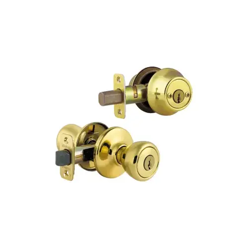 Tylo Combo Set, Entry Knob and Single Cylinder Deadbolt, KW1 SmartKey, 6-Way Adjustable Latch 2-3/8"-2-3/4" Backset, Grade 3, Bright Brass US3/605