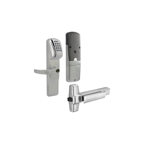 KIT - Mag-Stripe (Swipe Card) and Keypad Networked Wireless Exit Trim for Rim Exit Device, Sparta Lever, FSIC Prep, Schlage Large Format IC Core Included, 6-Pin C Keyway (1-Bitted Brushed Chrome Cylinder 626), Satin Chrome 626, US26D