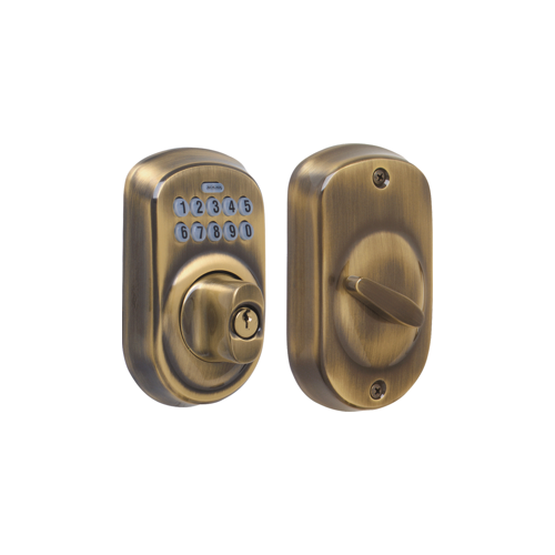 Keypad Deadbolt Plymouth, Key Override, C Keyway, Triple Option Adjustable Backset, Grade 2, Antique Brass 609, US5