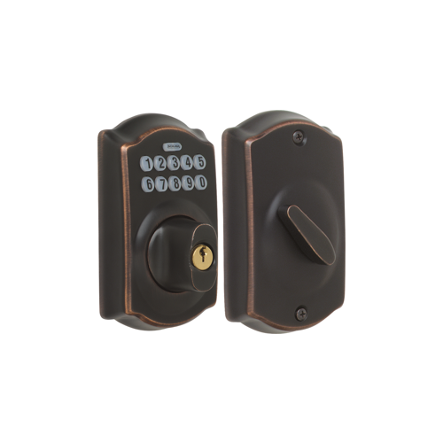 Keypad Deadbolt Camelot, Key Override, C Keyway, Triple Option Adjustable Backset, Grade 2, Aged Bronze 716