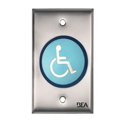 Single Gang Blue 2" Adjustable Time Delay Security Button with Handicap Logo Satin Stainless Steel Finish
