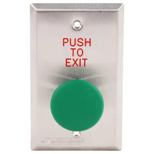 5210 Series Exit Push Button, 1-9/16" Diameter Mushroom Button, with Form Z Pneumatic 2-60 Delay, Green Button, Stainless Steel Plate Engraved "PUSH TO EXIT"