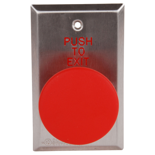 Dortronics 5216-MP23DA/RxE1 5210 Series Exit Push Button, 2-3/8" Diameter Palm Button with Form Z 2-60 Second Pneumatic Delay, Single Gang Mount, Red Button, Stainless Steel Plate Engraved "PUSH TO EXIT"