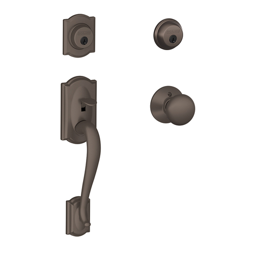 F62 Camelot Double Cylinder Handleset with Plymouth Entrance Knob, Oil Rubbed Dark Bronze