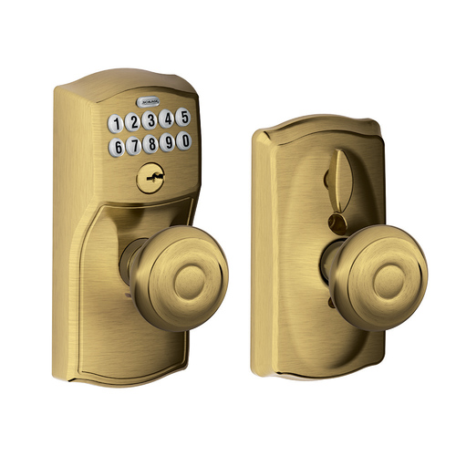 FE595 Keypad Knob with Camelot Trim and Georgian Knob with Flex Lock, Satin Brass Blackened