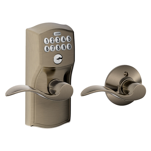 FE575 Keypad Lever with Camelot Trim and Accent Lever with Auto Lock, Satin Nickel Blackened