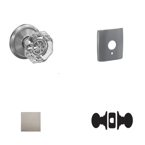 Alexandria Glass Knob with Dalton Rose Passage and Privacy Lock with 16600 Latch and 10027 Strike Satin Nickel Finish