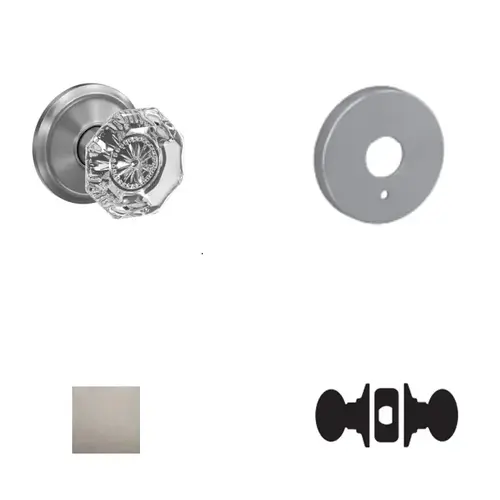 Alexandria Glass Knob with Howe Rose Passage and Privacy Lock with 16600 Latch and 10027 Strike Satin Nickel Finish