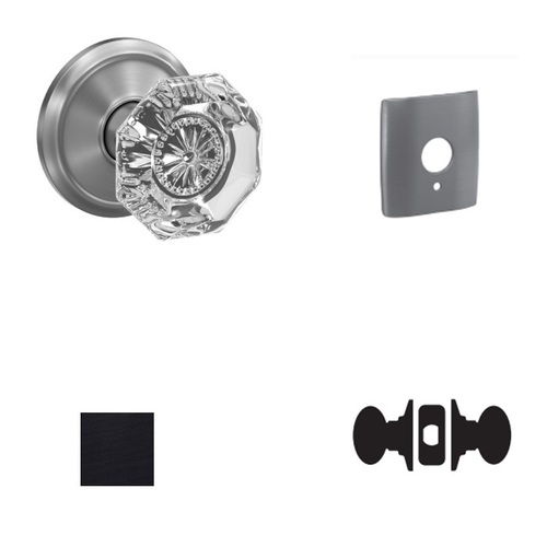 Alexandria Glass Knob with Dalton Rose Passage and Privacy Lock with 16600 Latch and 10027 Strike Matte Black Finish