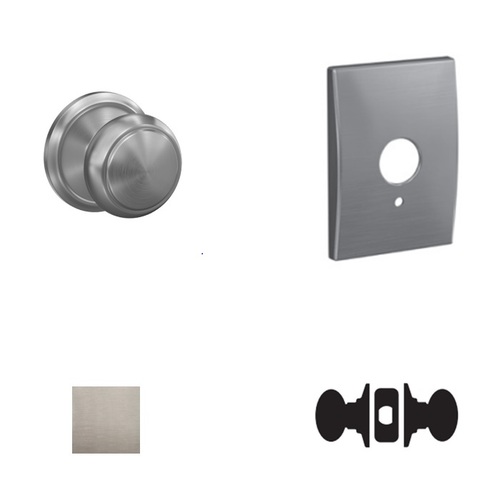 Andover Knob with Century Rose Passage and Privacy Lock with 16600 Latch and 10027 Strike Satin Nickel Finish