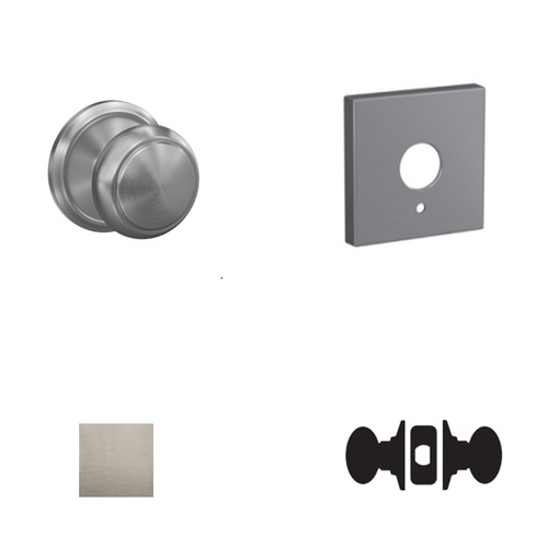 Andover Knob with Collins Rose Passage and Privacy Lock with 16600 Latch and 10027 Strike Satin Nickel Finish