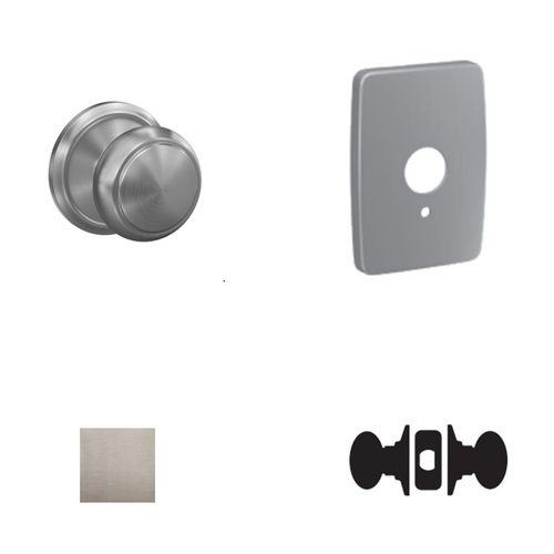 Andover Knob with Greene Rose Passage and Privacy Lock with 16600 Latch and 10027 Strike Satin Nickel Finish