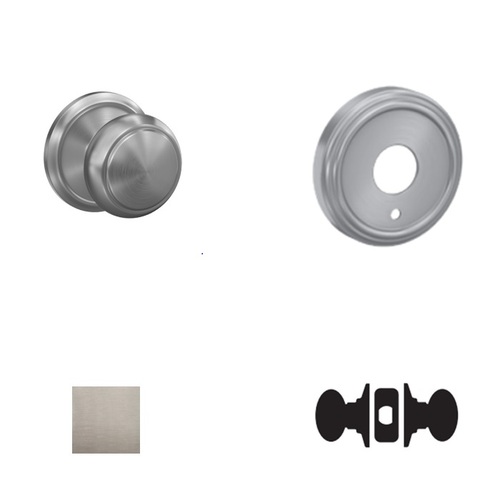 Andover Knob with Indy Rose Passage and Privacy Lock with 16600 Latch and 10027 Strike Satin Nickel Finish