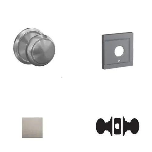 Andover Knob with Upland Rose Passage and Privacy Lock with 16600 Latch and 10027 Strike Satin Nickel Finish