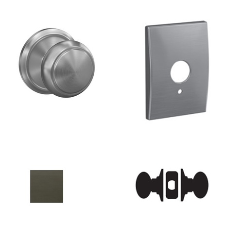 Andover Knob with Century Rose Passage and Privacy Lock with 16600 Latch and 10027 Strike Aged Bronze Finish