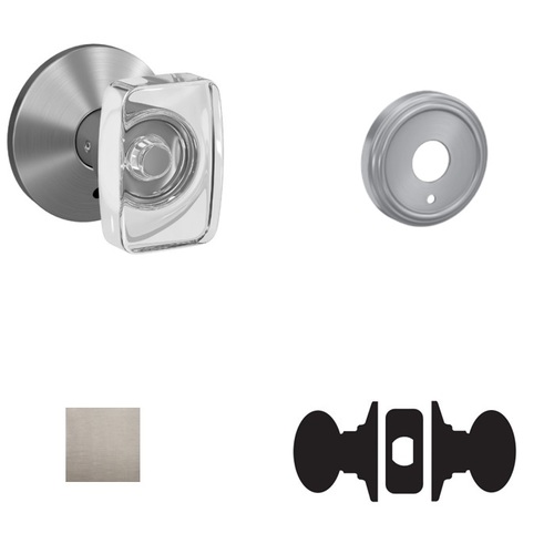 Caine Glass Knob with Indy Rose Passage and Privacy Lock with 16600 Latch and 10027 Strike Satin Nickel Finish