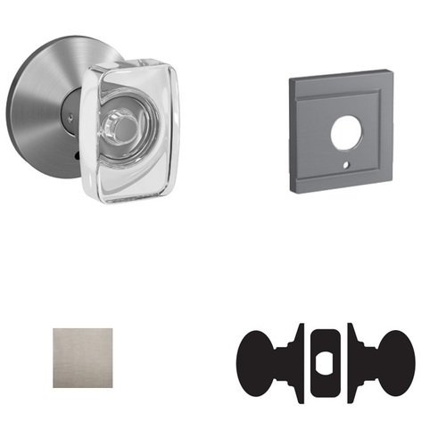 Caine Glass Knob with Upland Rose Passage and Privacy Lock with 16600 Latch and 10027 Strike Satin Nickel Finish