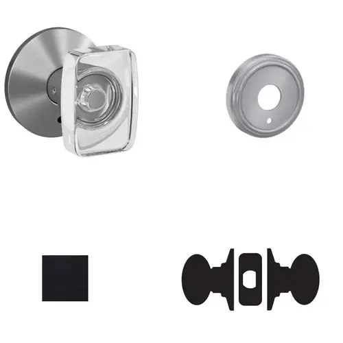 Caine Glass Knob with Indy Rose Passage and Privacy Lock with 16600 Latch and 10027 Strike Matte Black Finish