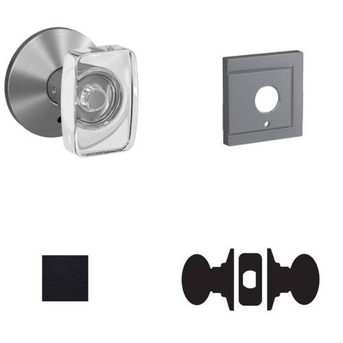 Caine Glass Knob with Upland Rose Passage and Privacy Lock with 16600 Latch and 10027 Strike Matte Black Finish