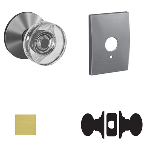 Dawes Glass Knob with Century Rose Passage and Privacy Lock with 16600 Latch and 10027 Strike Satin Brass Finish