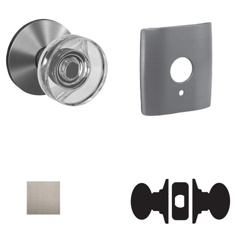 Dawes Glass Knob with Dalton Rose Passage and Privacy Lock with 16600 Latch and 10027 Strike Satin Nickel Finish