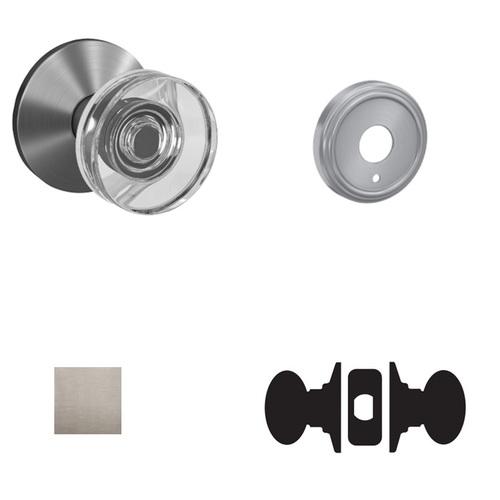 Dawes Glass Knob with Indy Rose Passage and Privacy Lock with 16600 Latch and 10027 Strike Satin Nickel Finish