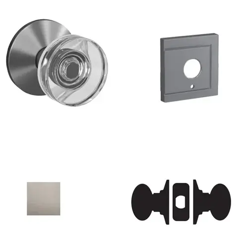 Dawes Glass Knob with Upland Rose Passage and Privacy Lock with 16600 Latch and 10027 Strike Satin Nickel Finish