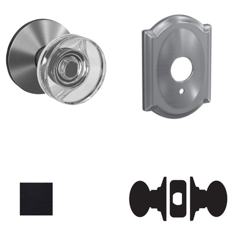 Dawes Glass Knob with Camelot Rose Passage and Privacy Lock with 16600 Latch and 10027 Strike Matte Black Finish