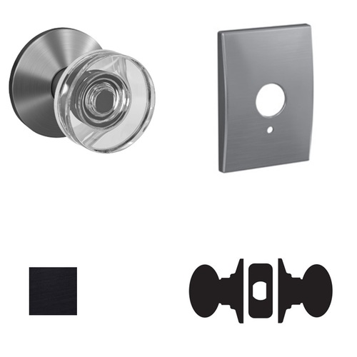 Dawes Glass Knob with Century Rose Passage and Privacy Lock with 16600 Latch and 10027 Strike Matte Black Finish