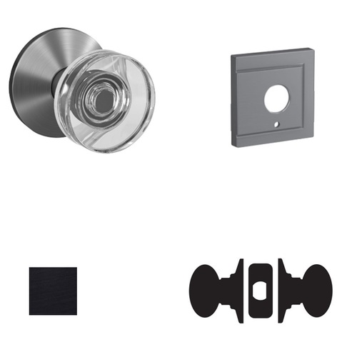 Dawes Glass Knob with Upland Rose Passage and Privacy Lock with 16600 Latch and 10027 Strike Matte Black Finish