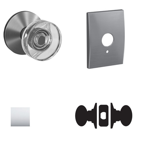 Dawes Glass Knob with Century Rose Passage and Privacy Lock with 16600 Latch and 10027 Strike Bright Chrome Finish