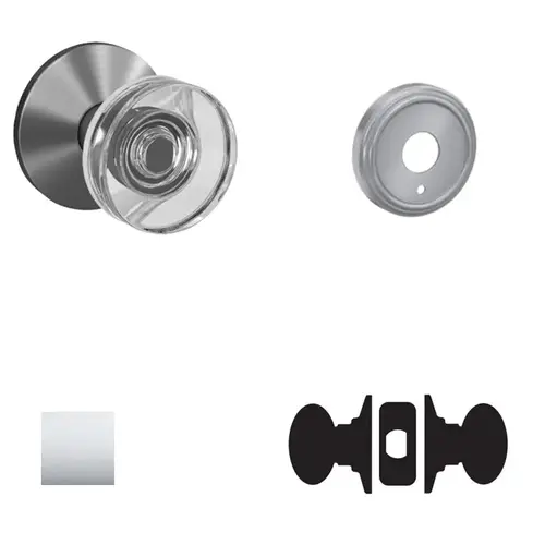 Dawes Glass Knob with Indy Rose Passage and Privacy Lock with 16600 Latch and 10027 Strike Bright Chrome Finish