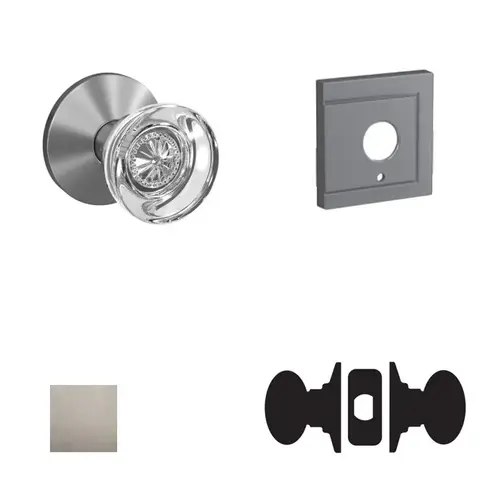 Hobson Knob with Upland Rose Passage and Privacy Lock with 16600 Latch and 10027 Strike Satin Nickel Finish