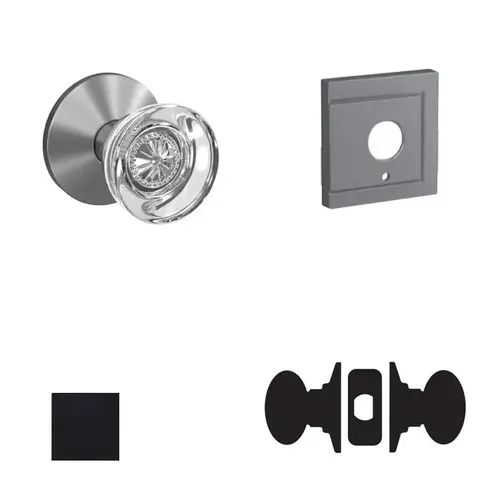 Hobson Knob with Upland Rose Passage and Privacy Lock with 16600 Latch and 10027 Strike Matte Black Finish