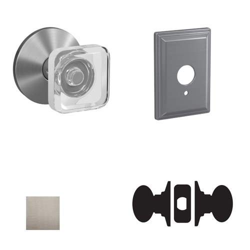 Kyle Glass Knob with Grandville Rose Passage and Privacy Lock with 16600 Latch and 10027 Strike Satin Nickel Finish