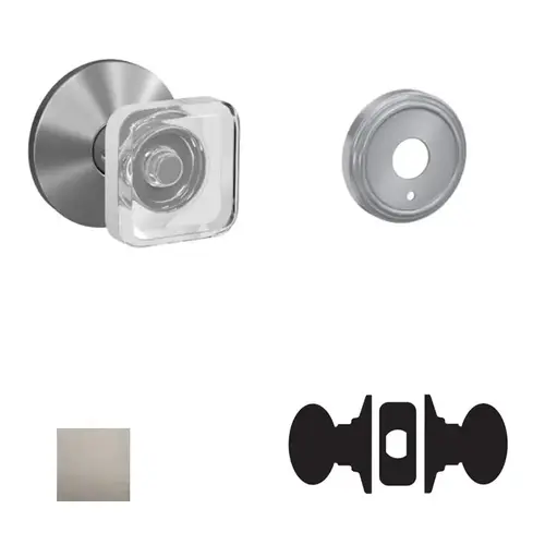 Kyle Glass Knob with Indy Rose Passage and Privacy Lock with 16600 Latch and 10027 Strike Satin Nickel Finish