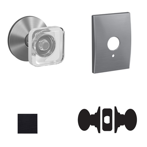 Kyle Glass Knob with Century Rose Passage and Privacy Lock with 16600 Latch and 10027 Strike Matte Black Finish