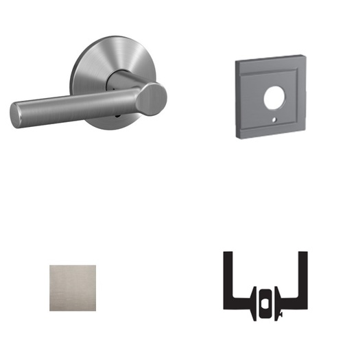 Broadway Lever with Upland Rose Passage and Privacy Lock with 16600 Latch and 10027 Strike Satin Nickel Finish