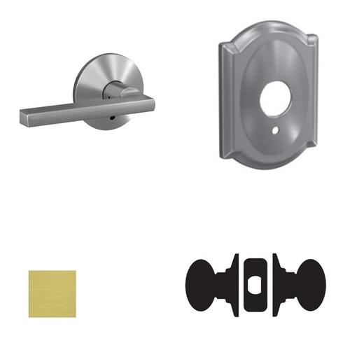 Latitude Lever with Camelot Rose Passage and Privacy Lock with 16600 Latch and 10027 Strike Satin Brass Finish