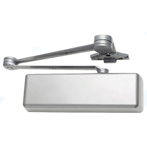 Left Hand Super Smoothee Heavy Duty Adjustable 1-6 Surface Mounted Hold Open Door Closer with Extra Duty Arms and TBSRT Thru Bolts 689 Aluminum Finish